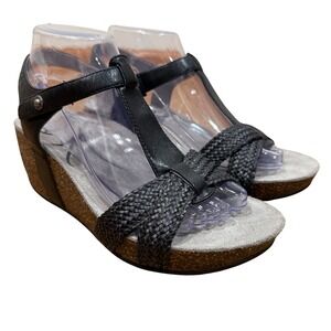 Abeo Wedge Heel Urmy T-Strap Comfort Sandals Black Leather Women's Size 8 N